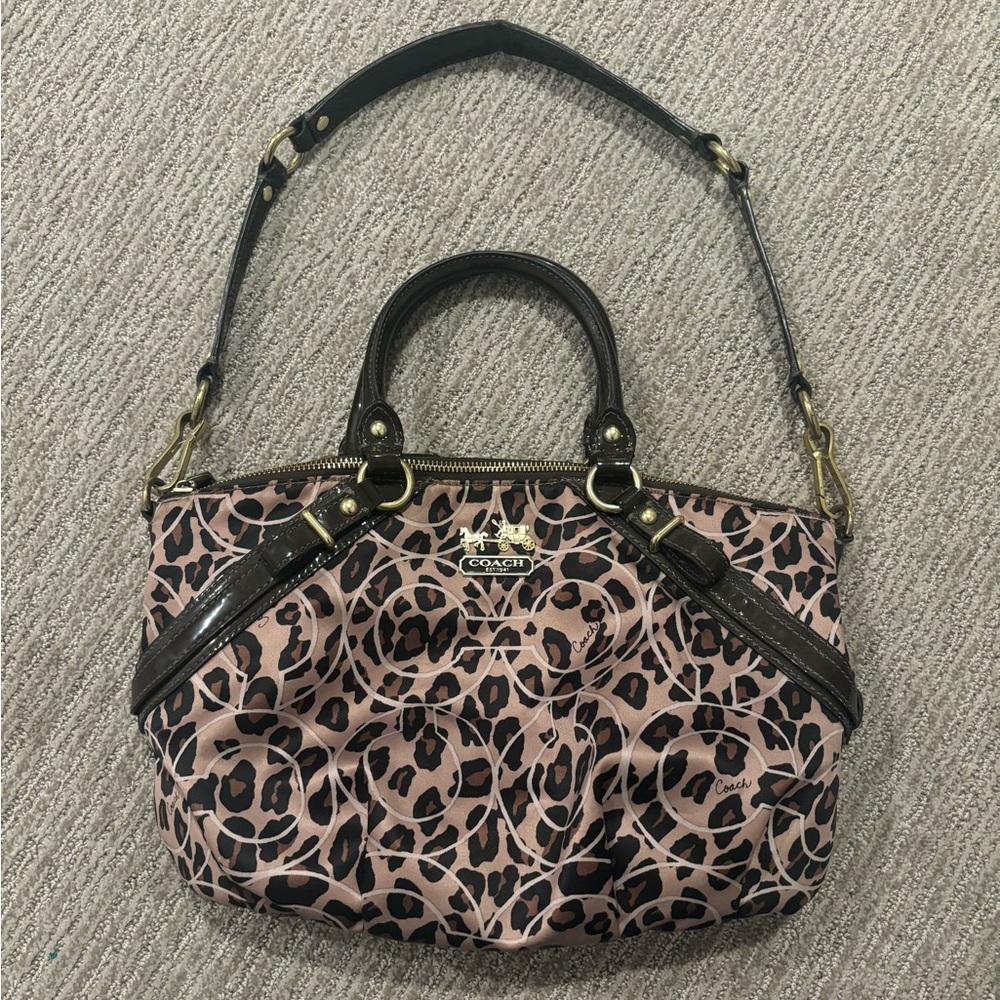 SOLD Coach satchel bag purse, Madison ocelot leopard print, shoulder handbag